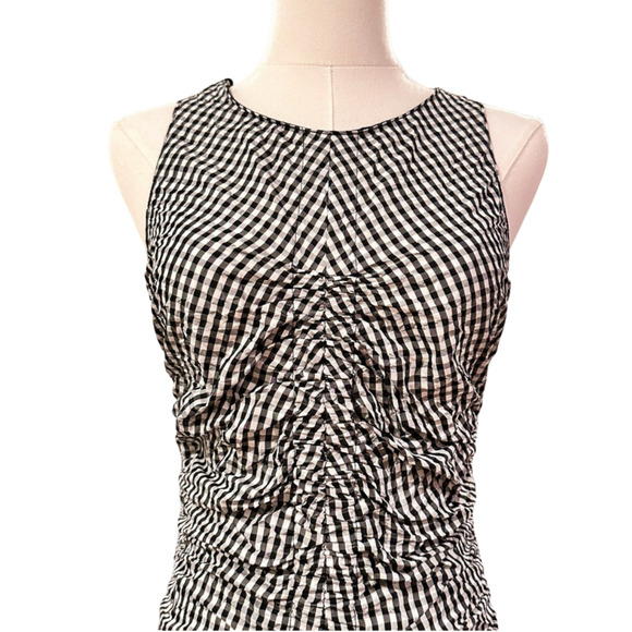Zara Black & White Gingham Check Ruched High Back Slit Bodycon Dress Small - Picture 2 of 8